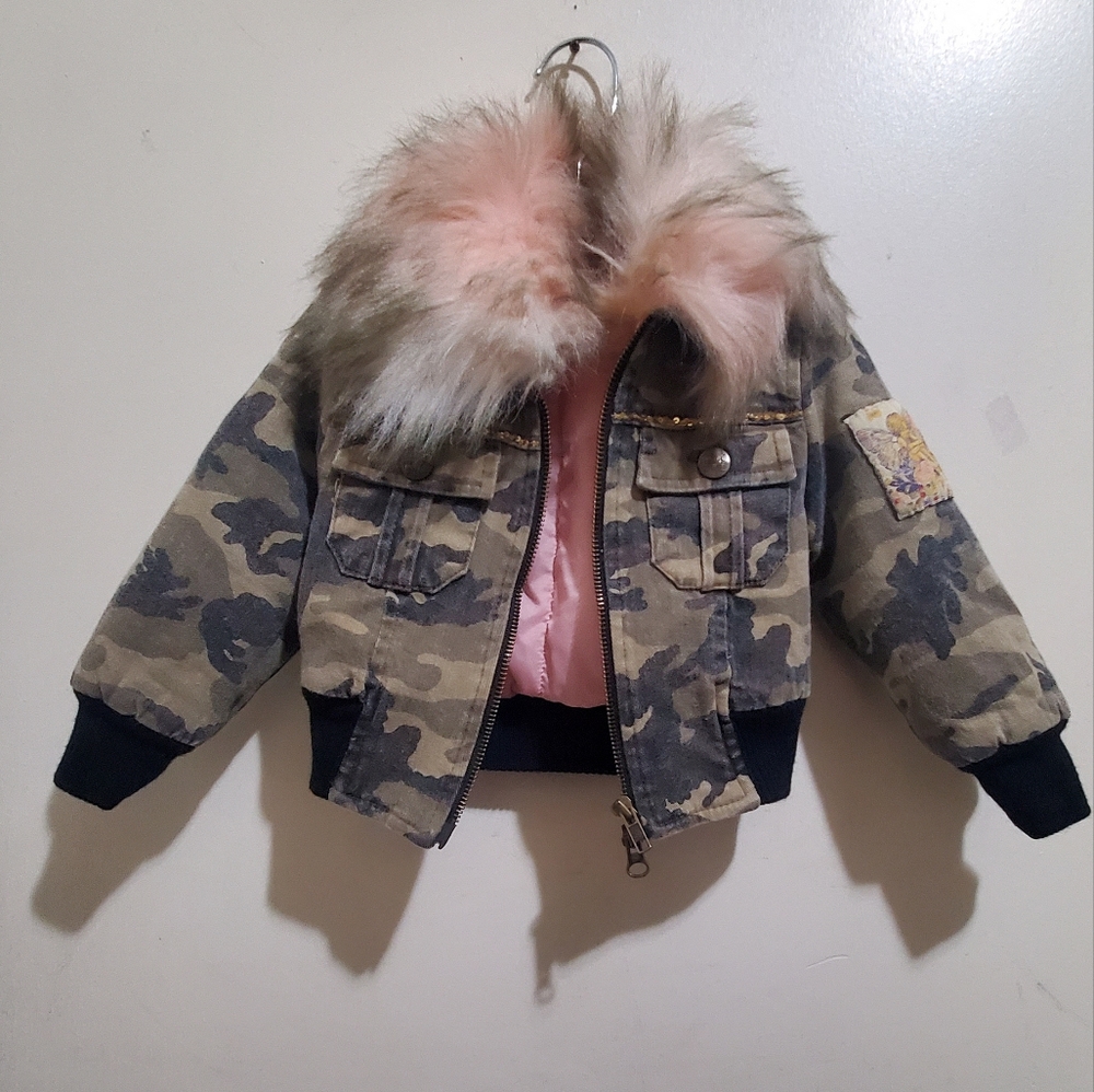 Monnalisa girls pink fur camo puffer jacket made in Italy Size 20 READ⬇️